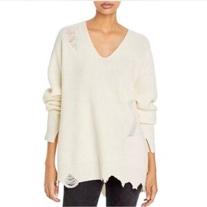 Helmut Lang Cream Distressed V Neck Wool Cashmere Sweater